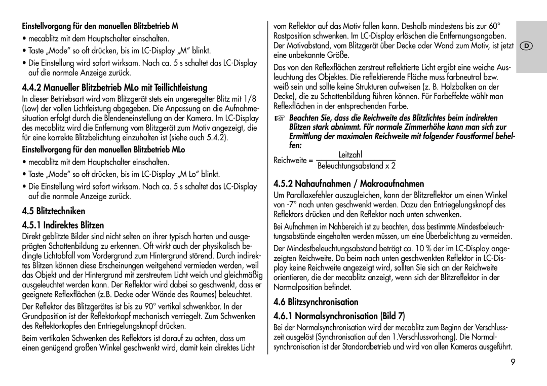 Metz 44 AF-3M instruction manual Manueller Blitzbetrieb MLo mit Teillichtleistung, Blitztechniken Indirektes Blitzen 