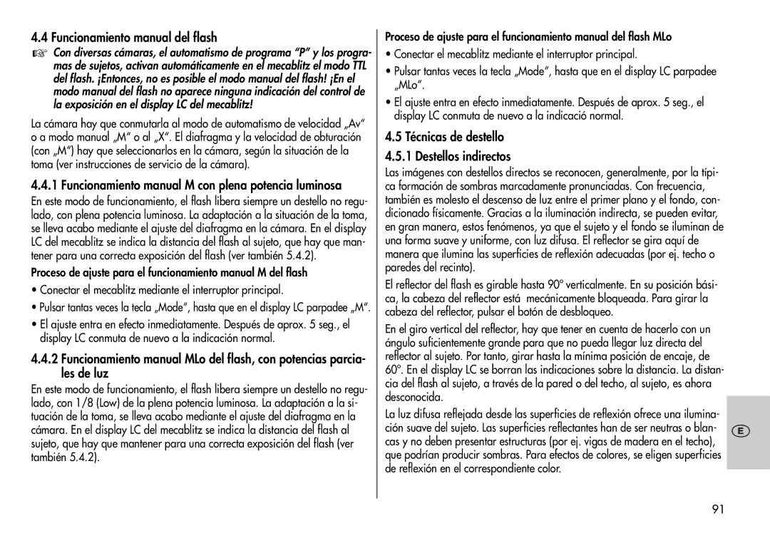 Metz 44 AF-3M instruction manual Funcionamiento manual del flash, Funcionamiento manual M con plena potencia luminosa 