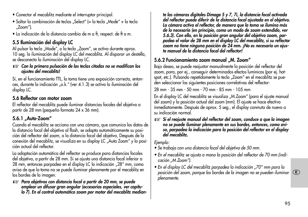 Metz 44 AF-3M instruction manual Iluminación del display LC, Reflector con motor zoom, Funcionamiento zoom manual „M. Zoom 