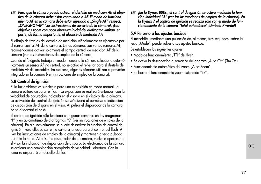 Metz 44 AF-3M instruction manual Control de ignición, Retorno a los ajustes básicos 