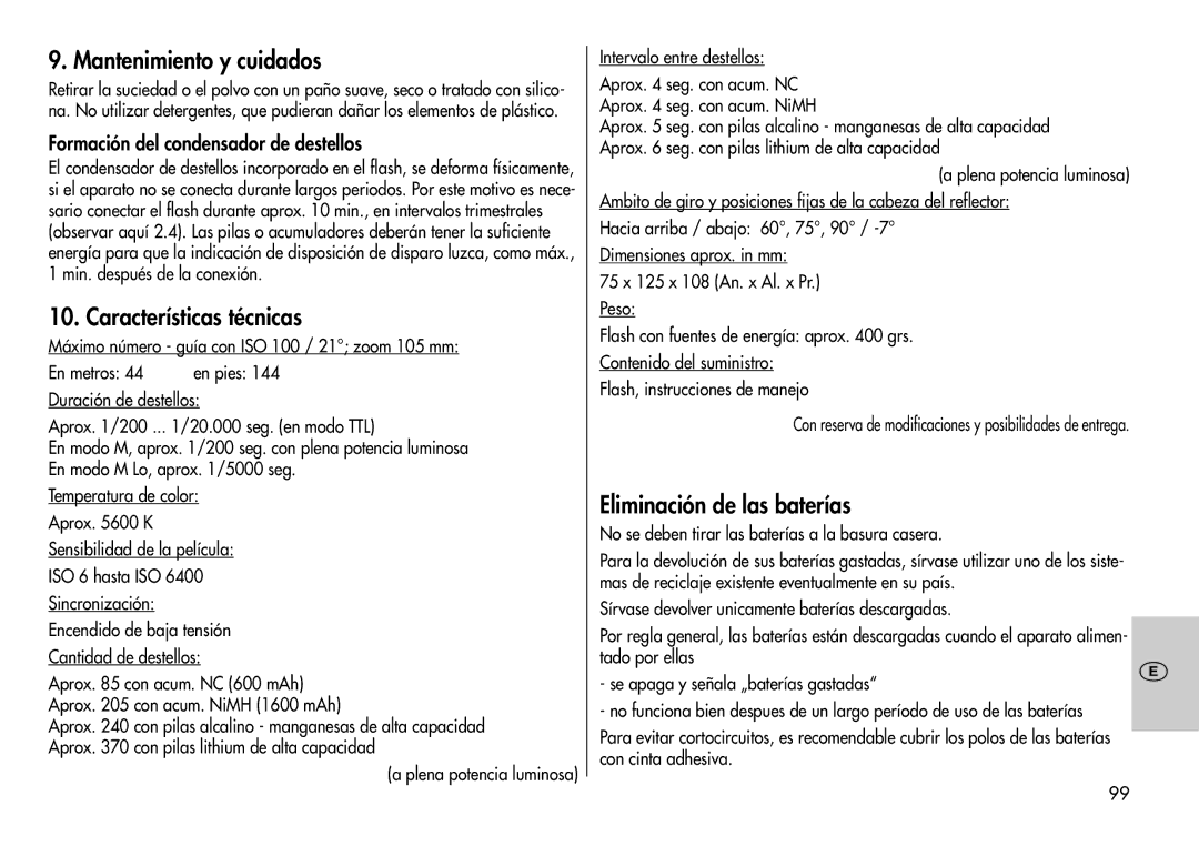 Metz 44 AF-3M instruction manual Mantenimiento y cuidados, Características técnicas, Eliminación de las baterías 