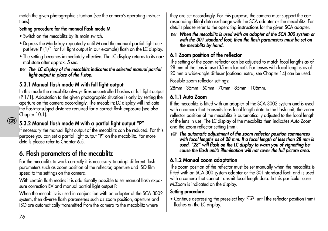 Metz 44 MZ-2 instruction manual Flash parameters of the mecablitz 