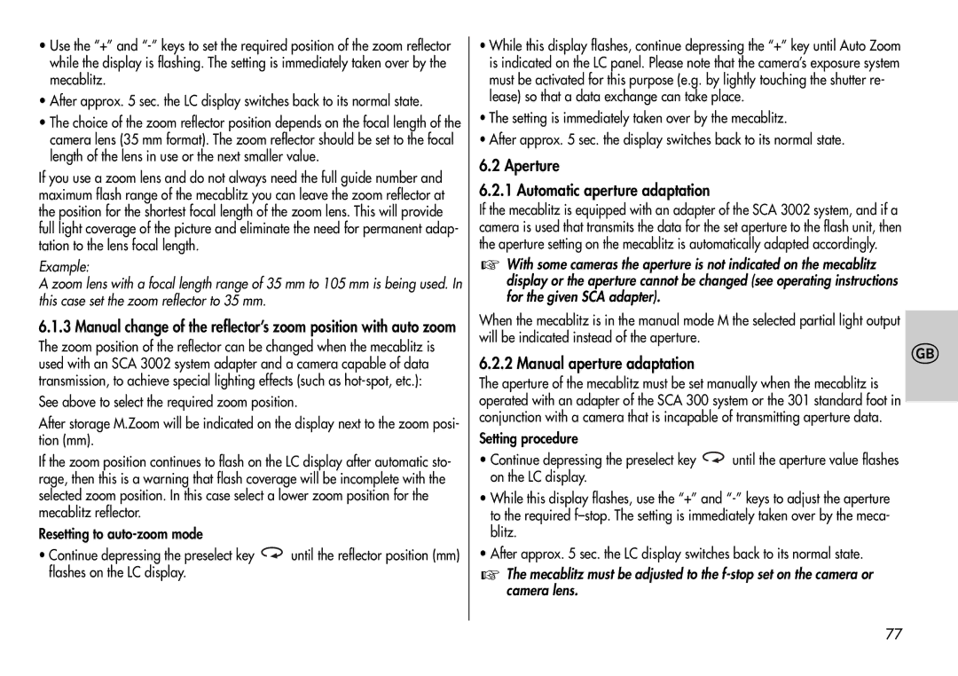 Metz 44 MZ-2 instruction manual Aperture Automatic aperture adaptation, Manual aperture adaptation 