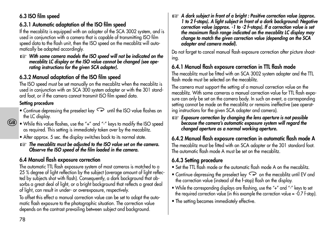 Metz 44 MZ-2 ISO film speed Automatic adaptation of the ISO film speed, Manual adaptation of the ISO film speed 