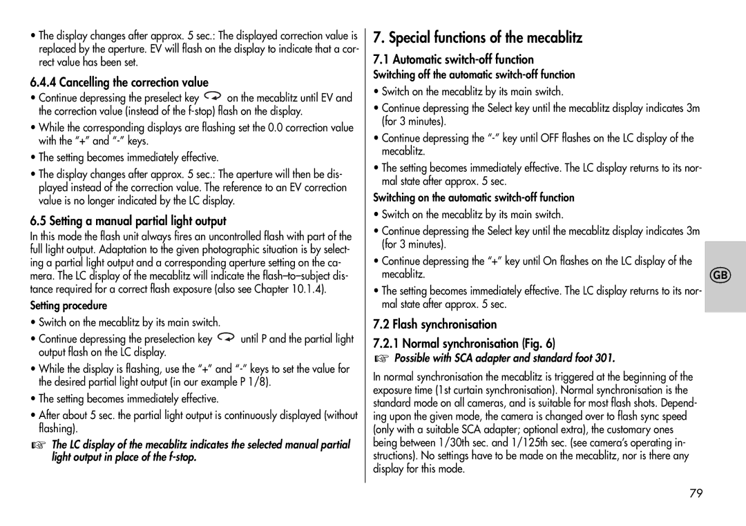 Metz 44 MZ-2 Special functions of the mecablitz, Cancelling the correction value, Setting a manual partial light output 