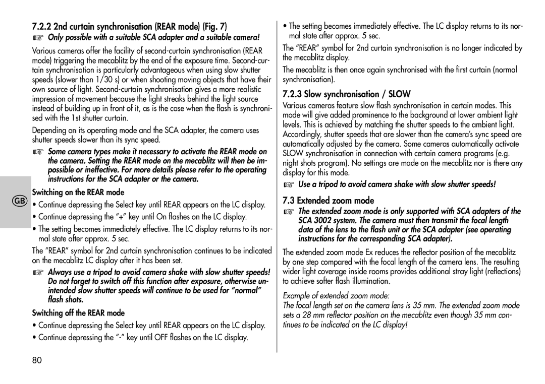 Metz 44 MZ-2 2 2nd curtain synchronisation Rear mode Fig, Slow synchronisation / Slow, Extended zoom mode 