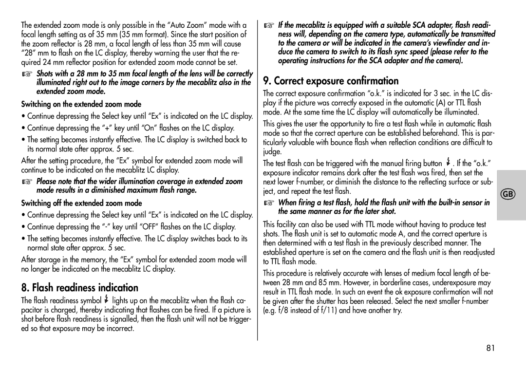 Metz 44 MZ-2 instruction manual Flash readiness indication, Correct exposure confirmation 