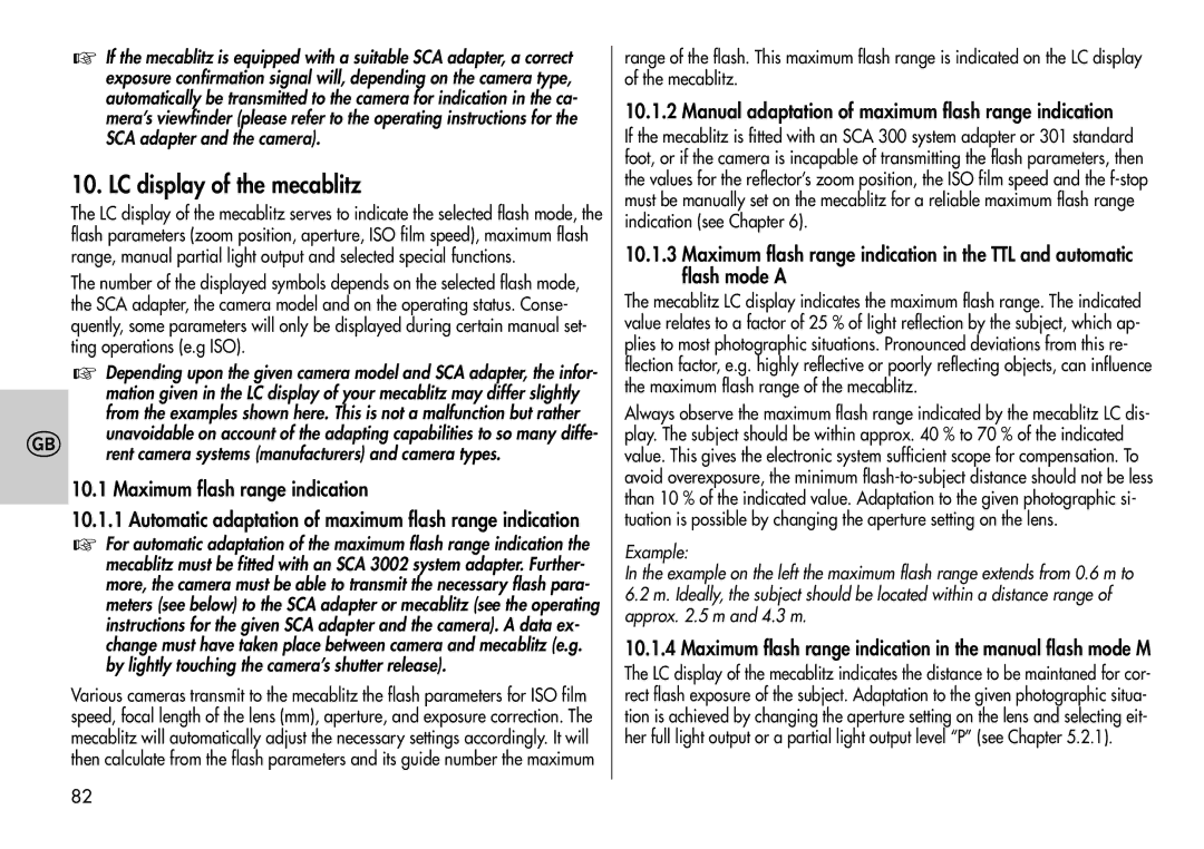 Metz 44 MZ-2 instruction manual LC display of the mecablitz, Manual adaptation of maximum flash range indication 