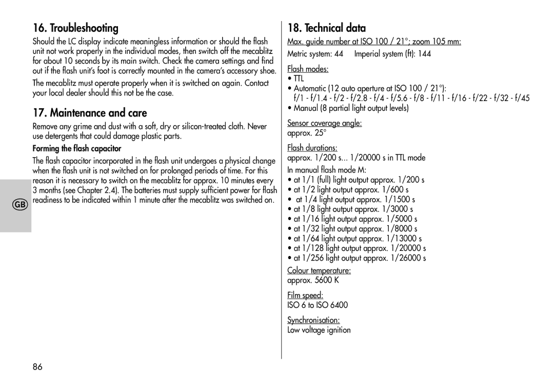 Metz 44 MZ-2 Troubleshooting, Maintenance and care, Technical data, Automatic 12 auto aperture at ISO 100 