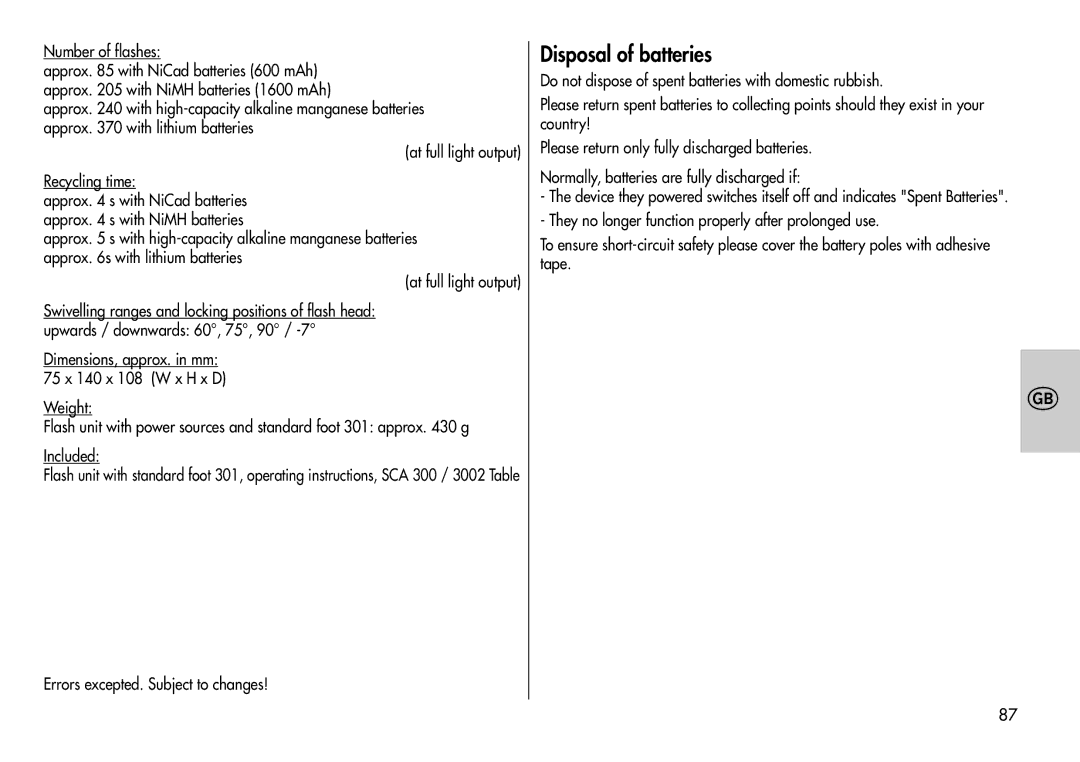 Metz 44 MZ-2 instruction manual Disposal of batteries, Errors excepted. Subject to changes 