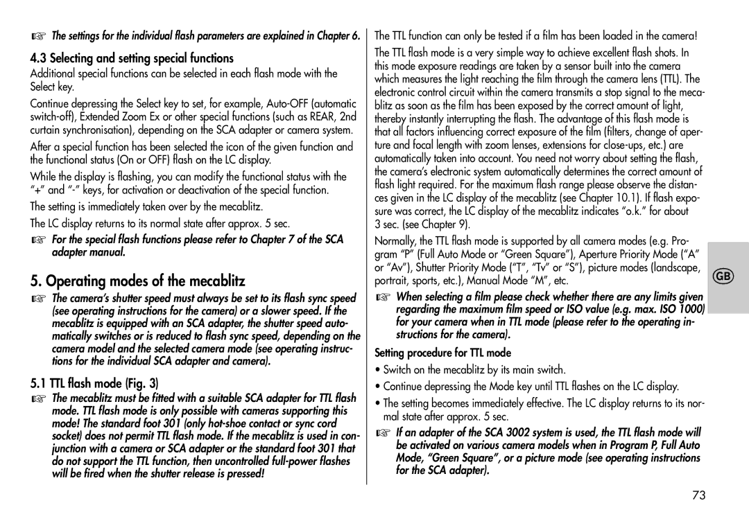 Metz 44 MZ-2 Operating modes of the mecablitz, Selecting and setting special functions, TTL flash mode Fig 