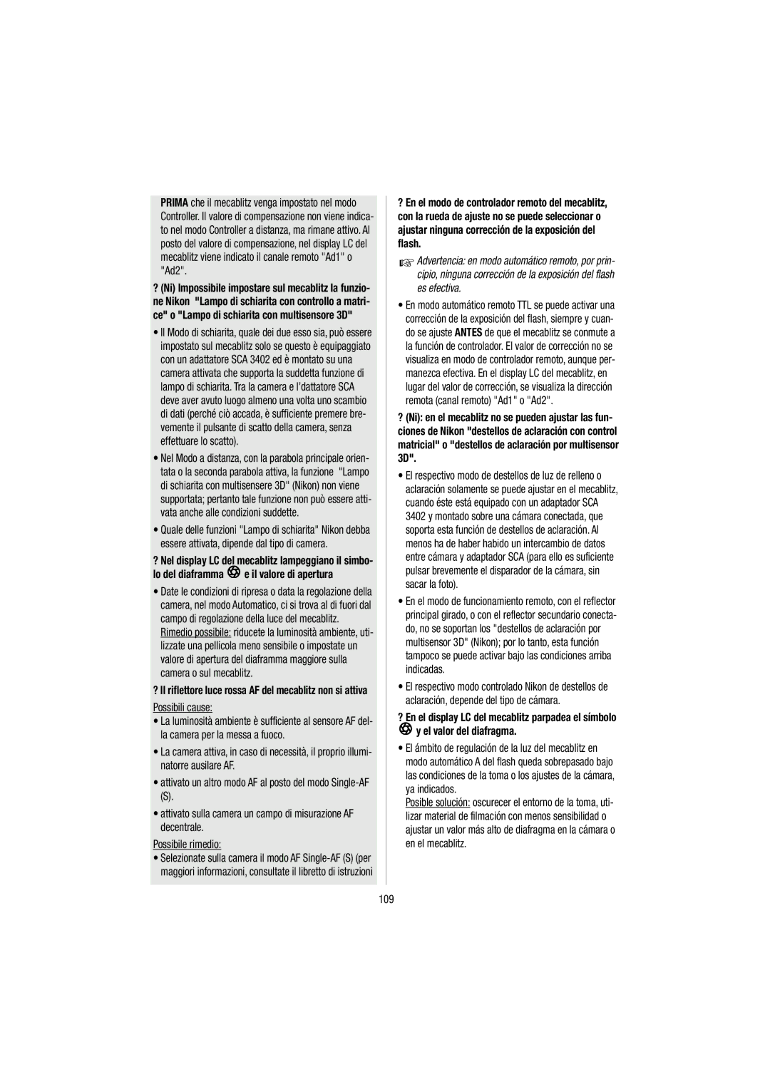 Metz 54 MZ-3 operating instructions Lo del diaframma e il valore di apertura, Possibili cause, 109 