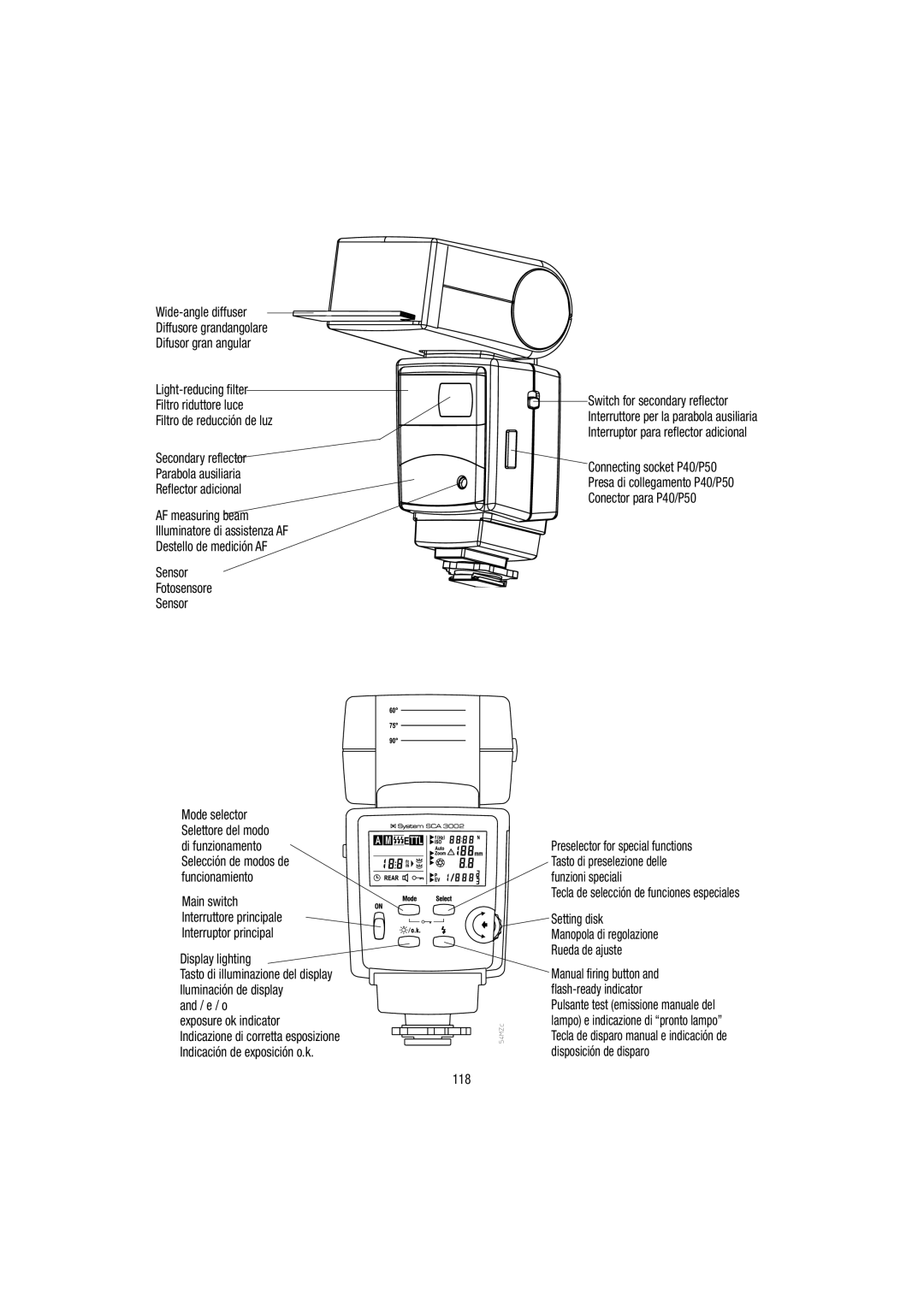 Metz 54 MZ-3 operating instructions e / o Exposure ok indicator, Connecting socket P40/P50, Conector para P40/P50, 118 