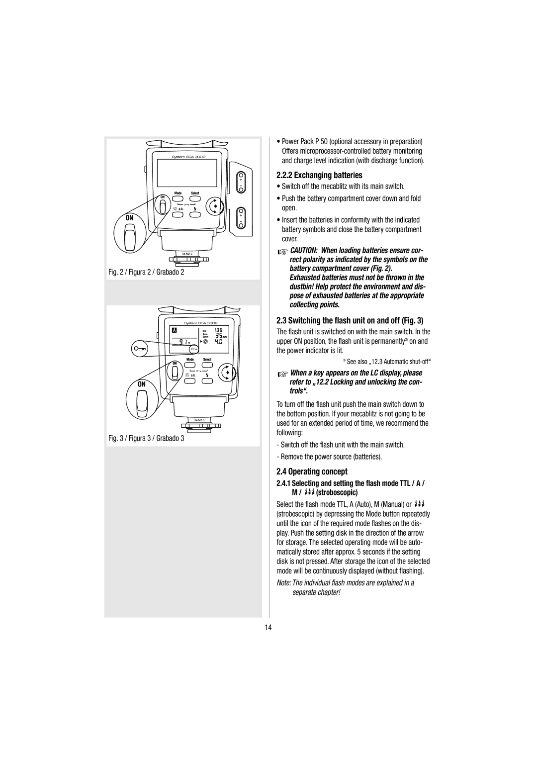 Metz 54 MZ-3 Exchanging batteries, Operating concept, Switching the flash unit on and off Fig, Stroboscopic 