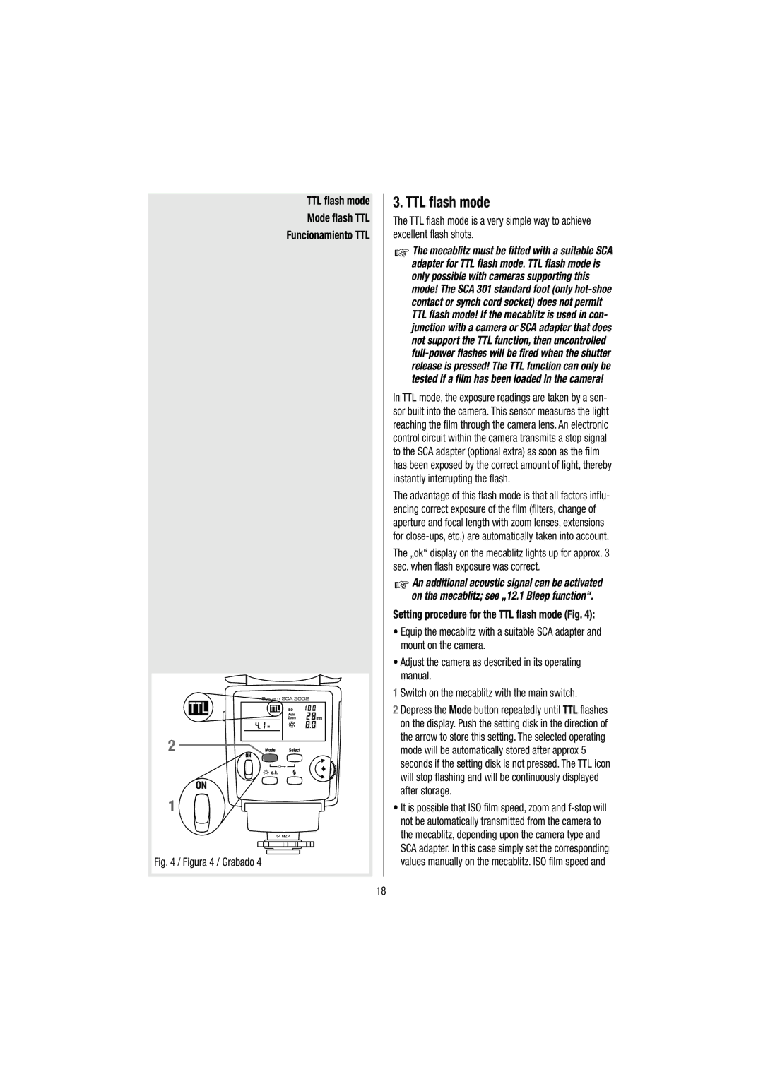 Metz 54 MZ-3 TTL flash mode Mode flash TTL Funcionamiento TTL, Setting procedure for the TTL flash mode Fig 