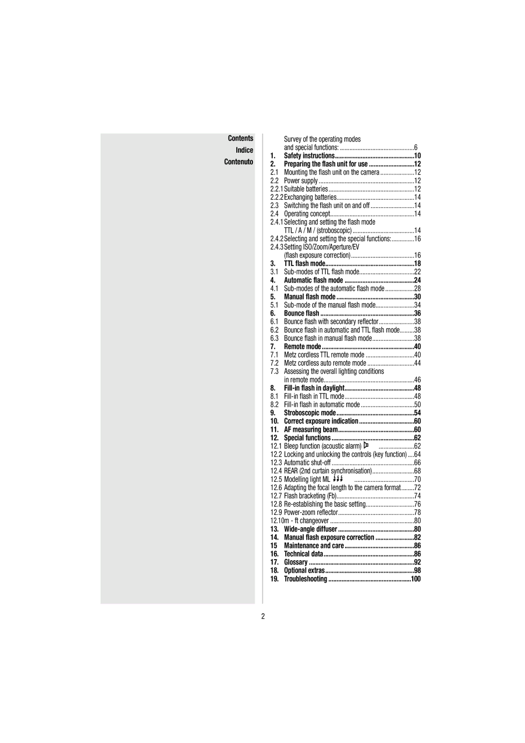 Metz 54 MZ-3 operating instructions Contents Indice Contenuto 