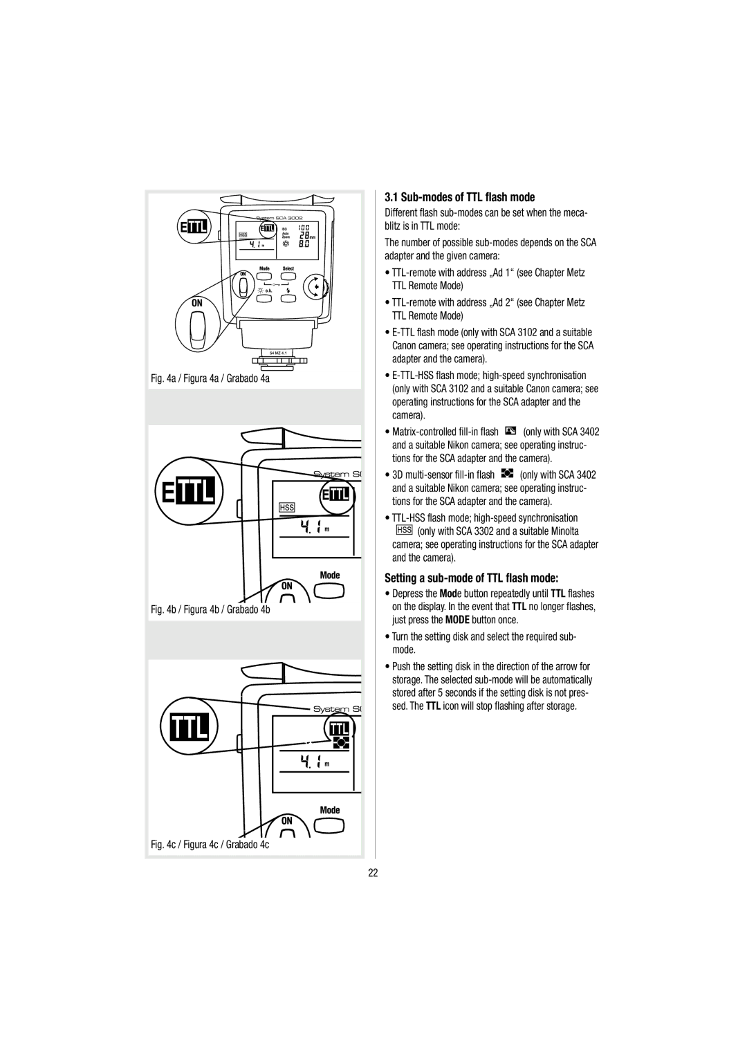 Metz 54 MZ-3 operating instructions Sub-modes of TTL flash mode, Setting a sub-mode of TTL flash mode 