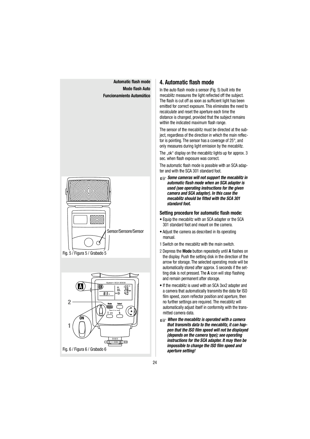 Metz 54 MZ-3 Automatic flash mode Modo flash Auto, Sensor/Sensore/Sensor, Setting procedure for automatic flash mode 