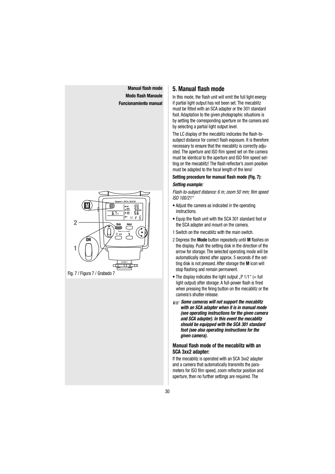 Metz 54 MZ-3 Manual flash mode Modo flash Manaule Funcionamiento manual, Setting procedure for manual flash mode Fig 