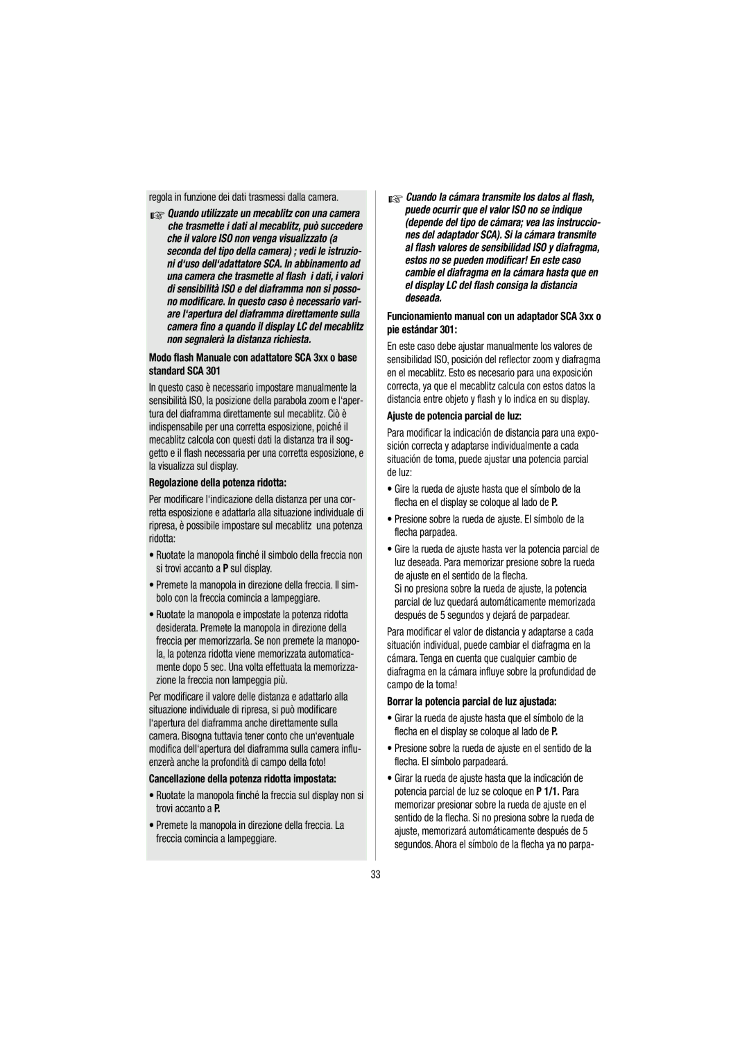 Metz 54 MZ-3 operating instructions Regolazione della potenza ridotta, Ajuste de potencia parcial de luz 