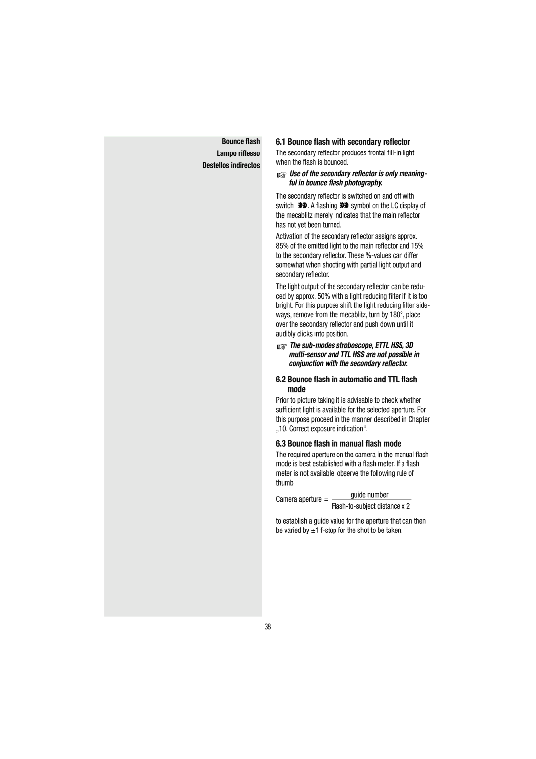 Metz 54 MZ-3 operating instructions Bounce flash with secondary reflector, Bounce flash in automatic and TTL flash mode 