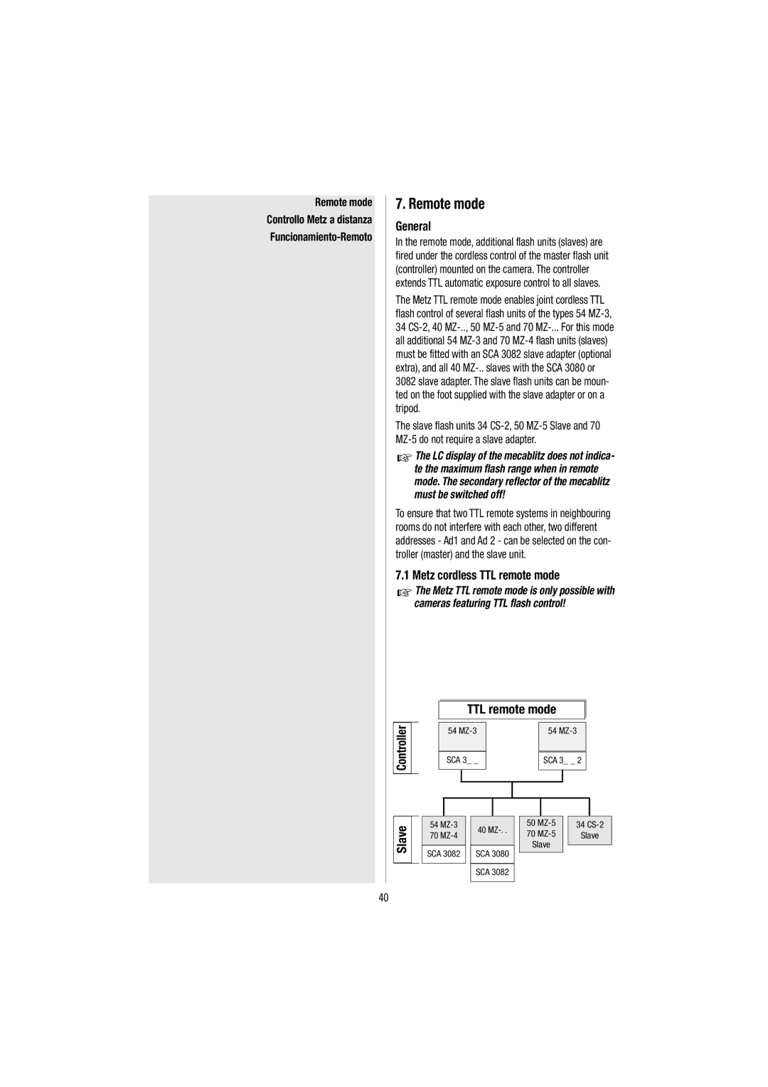 Metz 54 MZ-3 operating instructions Remote mode, General, Metz cordless TTL remote mode 