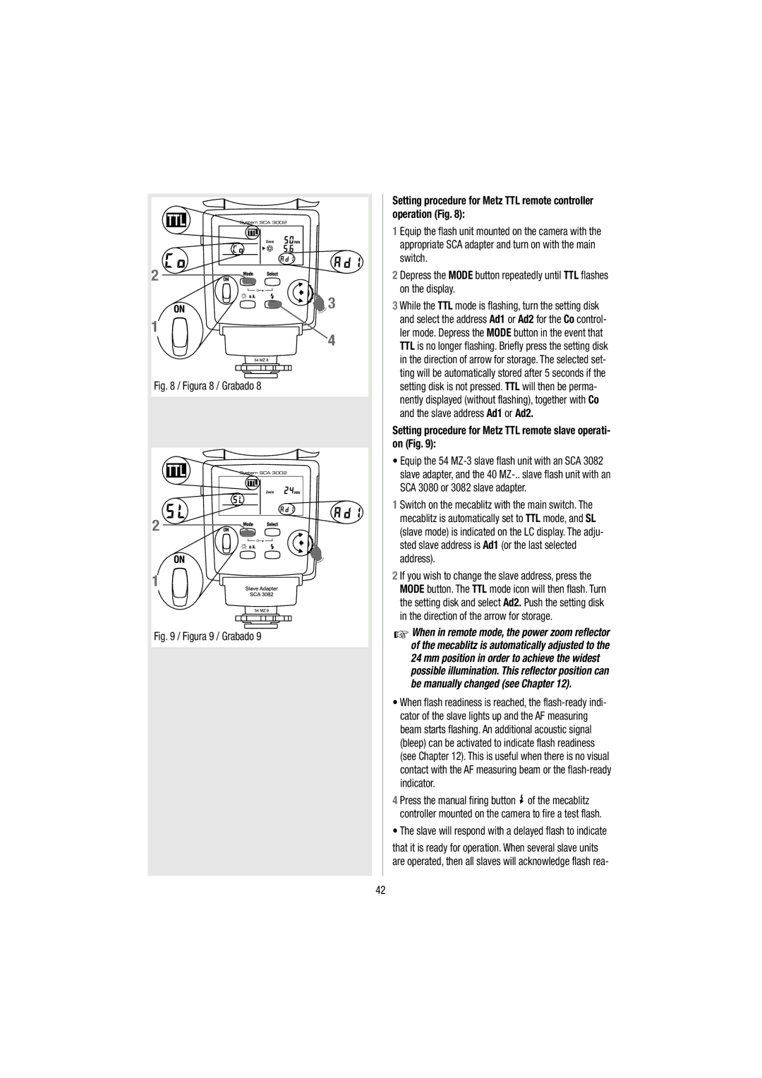 Metz 54 MZ-3 operating instructions Figura 8 / Grabado, Setting procedure for Metz TTL remote slave operati- on Fig 