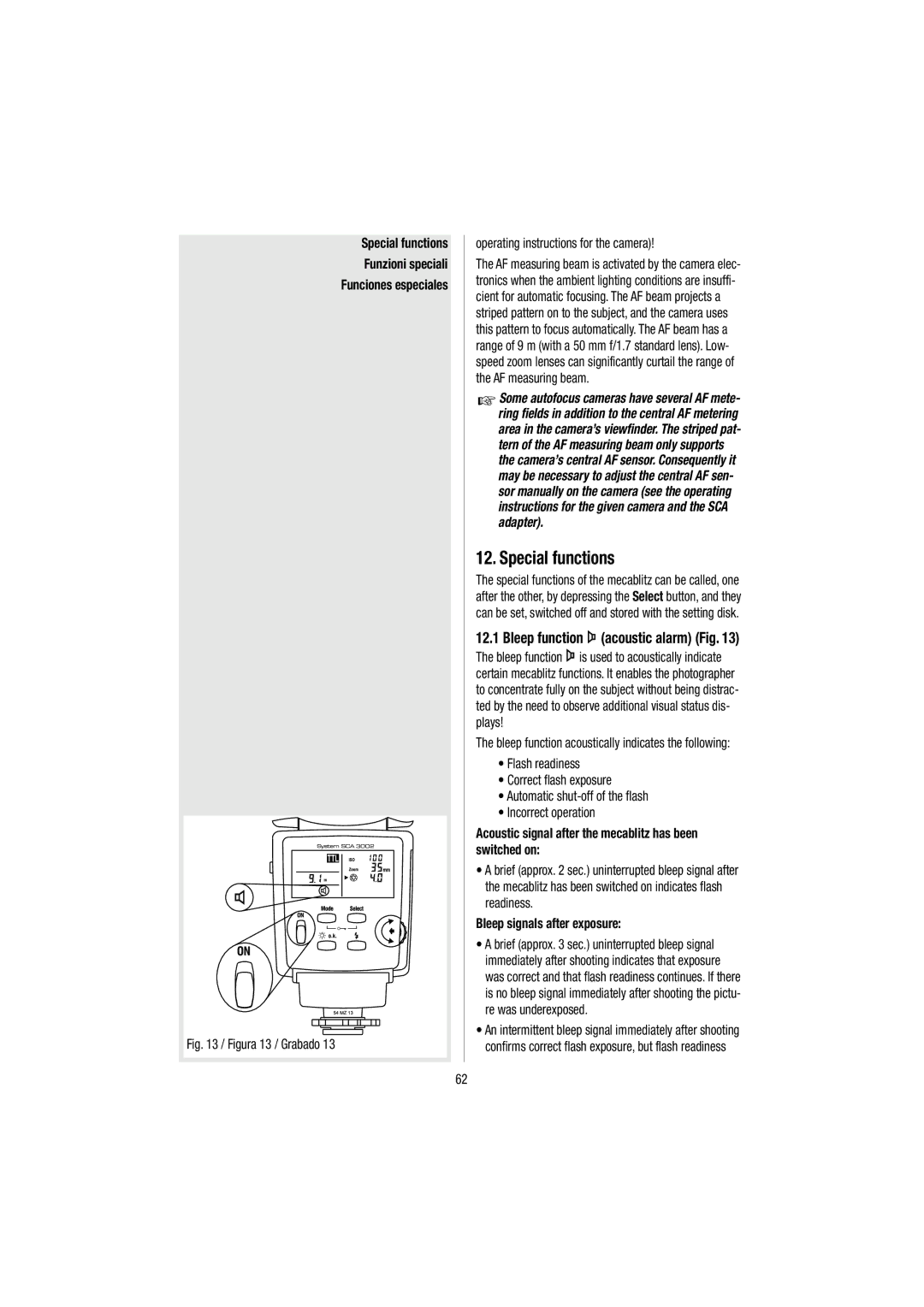 Metz 54 MZ-3 Special functions Funzioni speciali Funciones especiales, Bleep function acoustic alarm Fig 