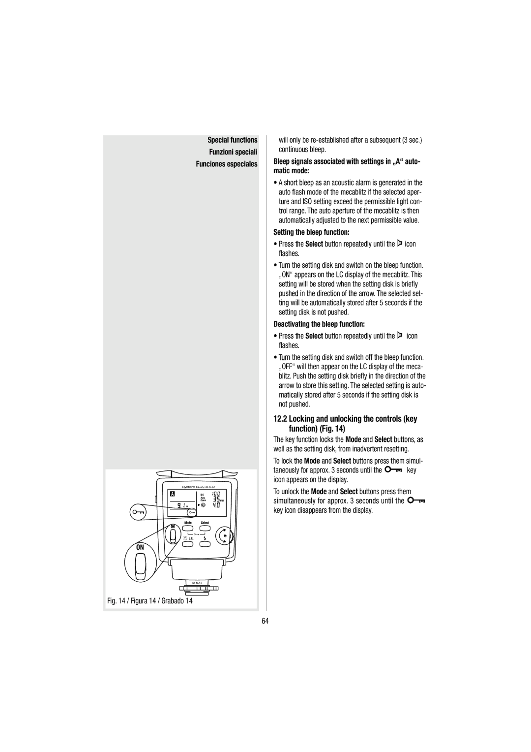 Metz 54 MZ-3 operating instructions Locking and unlocking the controls key function Fig, Setting the bleep function 