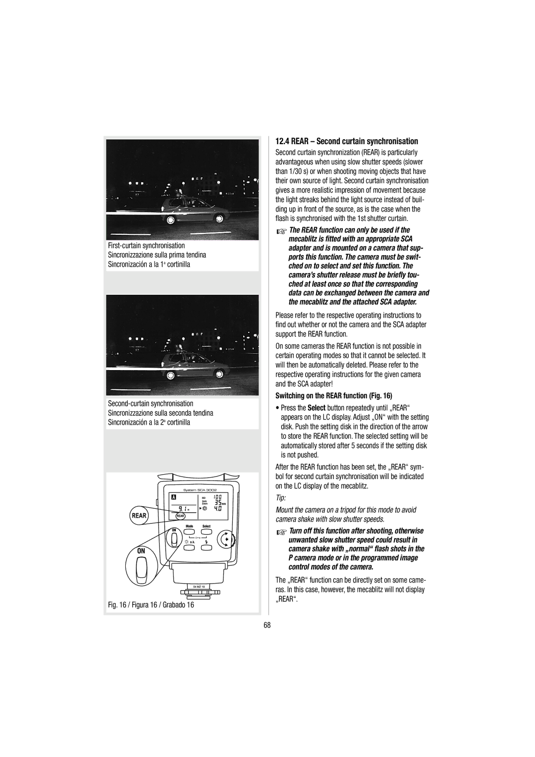 Metz 54 MZ-3 operating instructions Rear Second curtain synchronisation, Switching on the Rear function Fig 