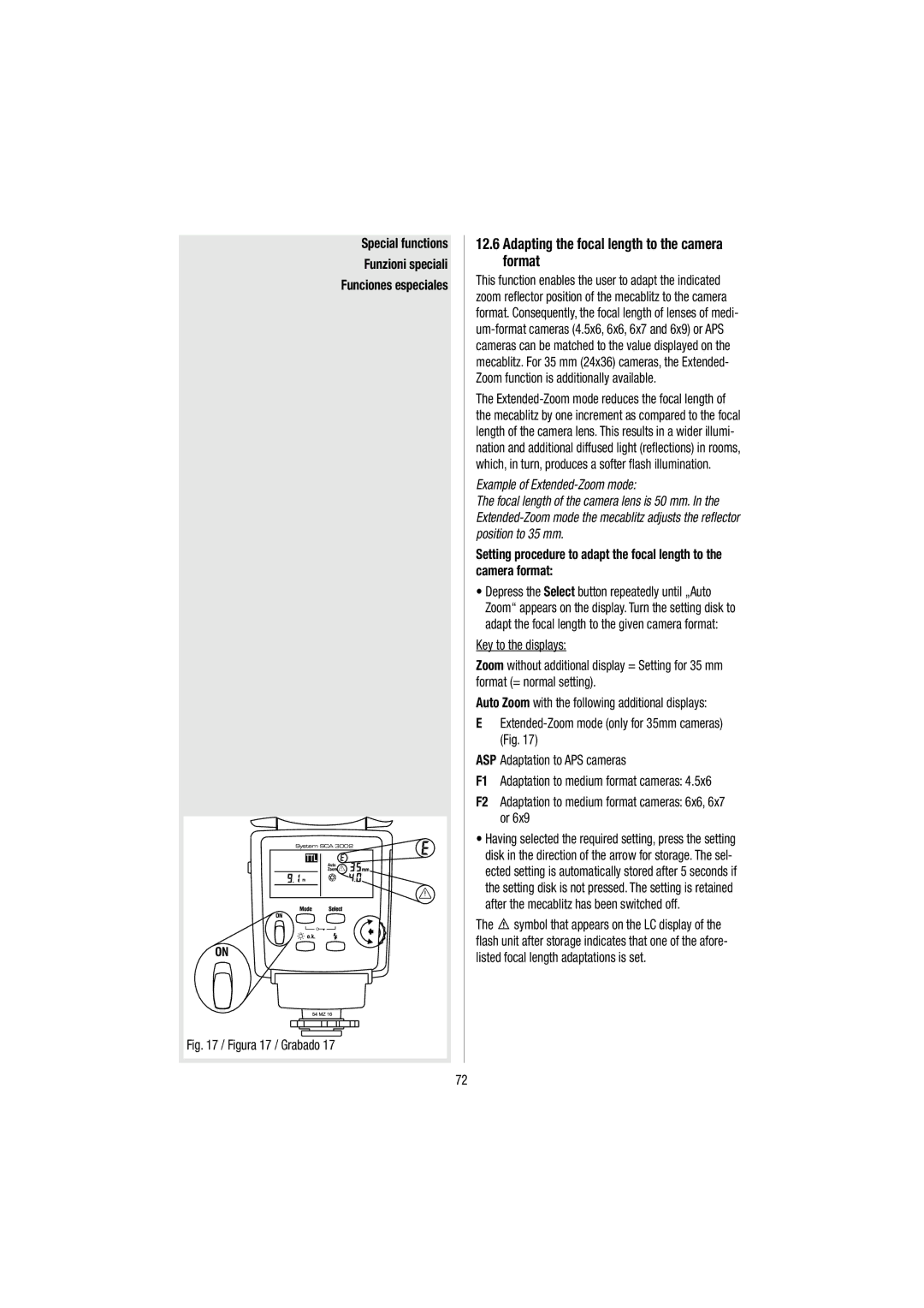 Metz 54 MZ-3 operating instructions Adapting the focal length to the camera format, Key to the displays 