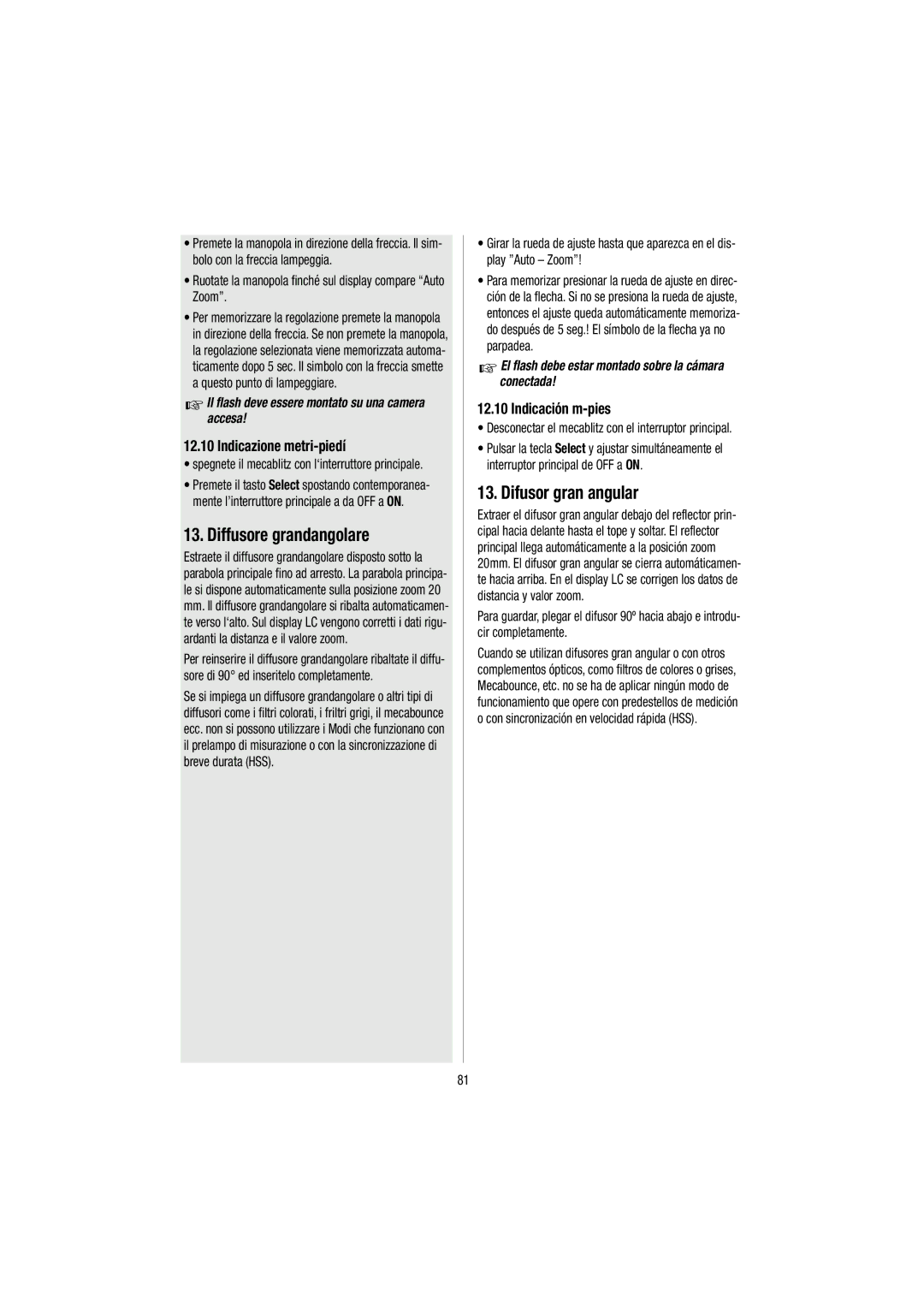 Metz 54 MZ-3 Diffusore grandangolare, Difusor gran angular, Indicazione metri-piedí, Indicación m-pies 