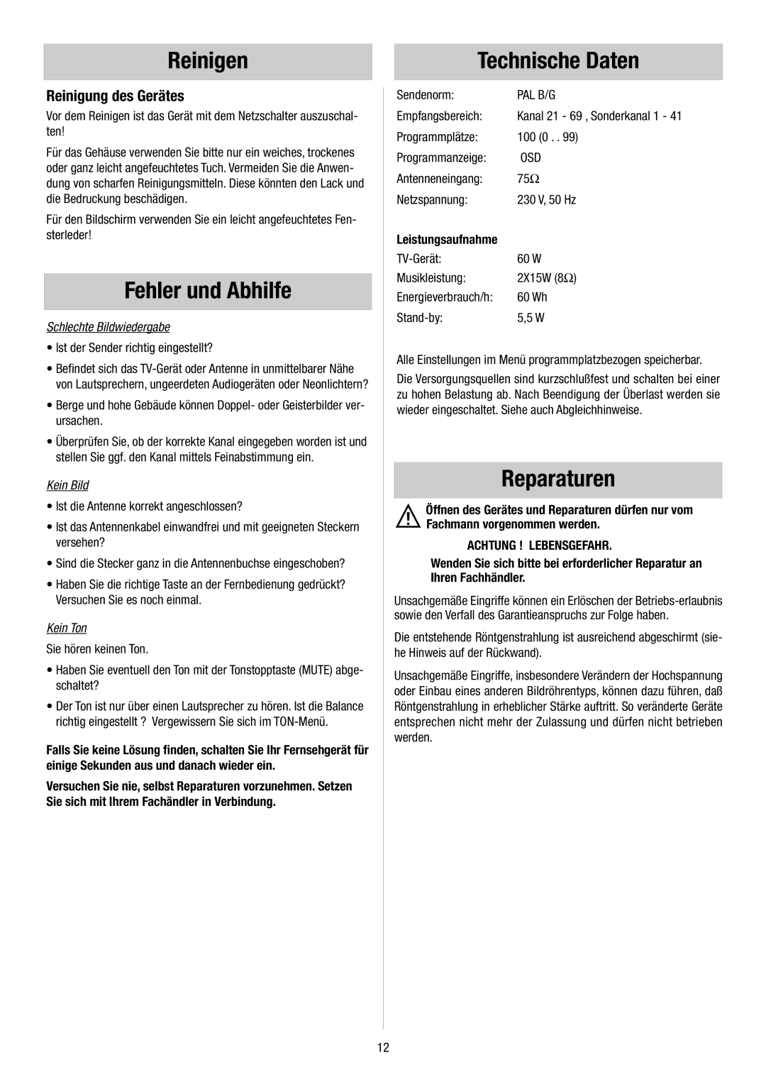 Metz 55TH34 VT, 55TH35 - VT Reinigen Technische Daten, Fehler und Abhilfe, Reparaturen, Reinigung des Gerätes 