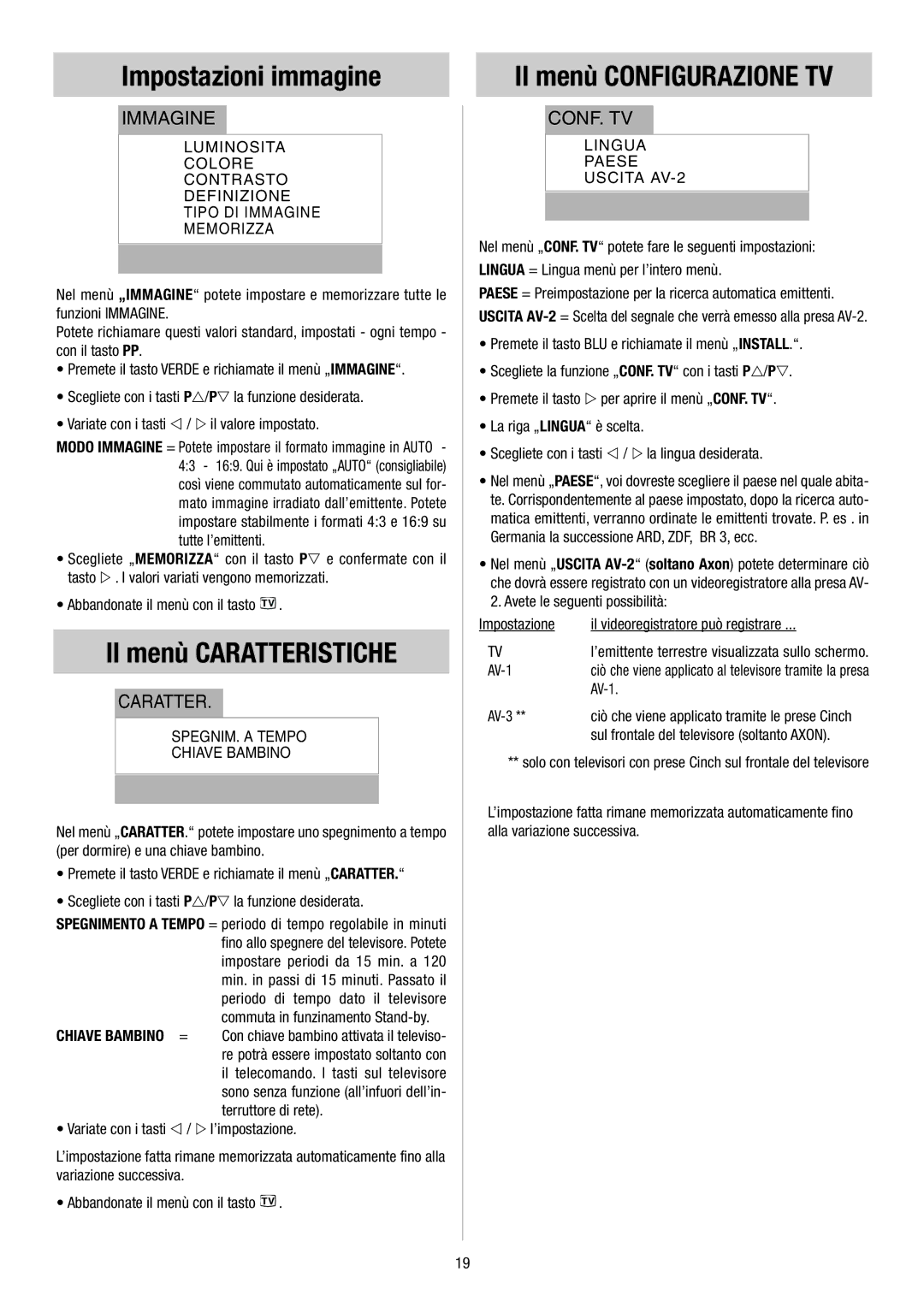 Metz 55TH35 - VT, 55TH34 VT operating instructions Impostazioni immagine, Il menù Caratteristiche, Il menù Configurazione TV 