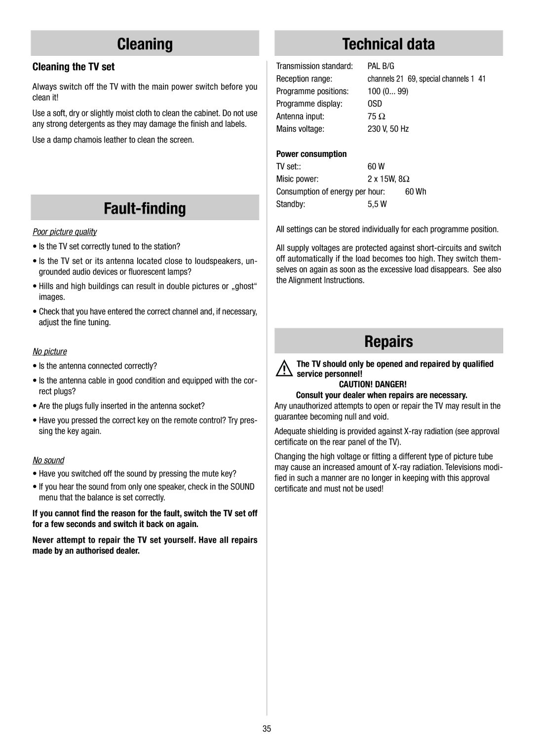 Metz 55TH35 - VT, 55TH34 VT operating instructions Cleaning Technical data, Fault-finding, Repairs, Cleaning the TV set 