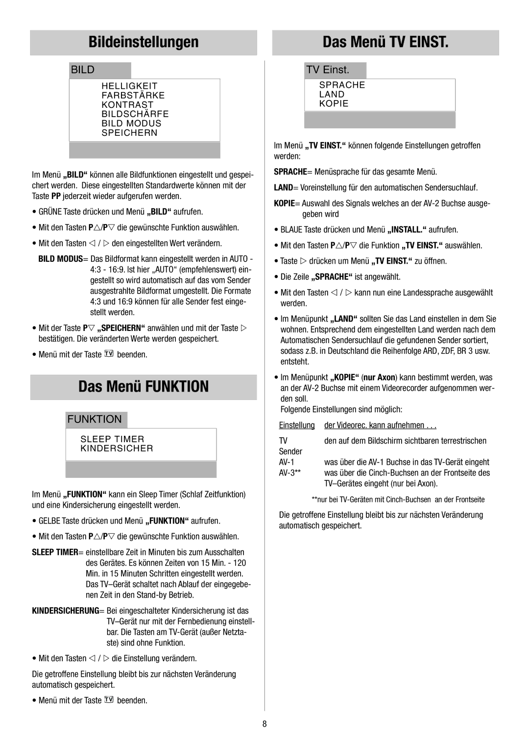 Metz 55TH34 VT Bildeinstellungen, Das Menü Funktion, Das Menü TV Einst, Sleep Timer Kindersicher, Sprache Land Kopie 