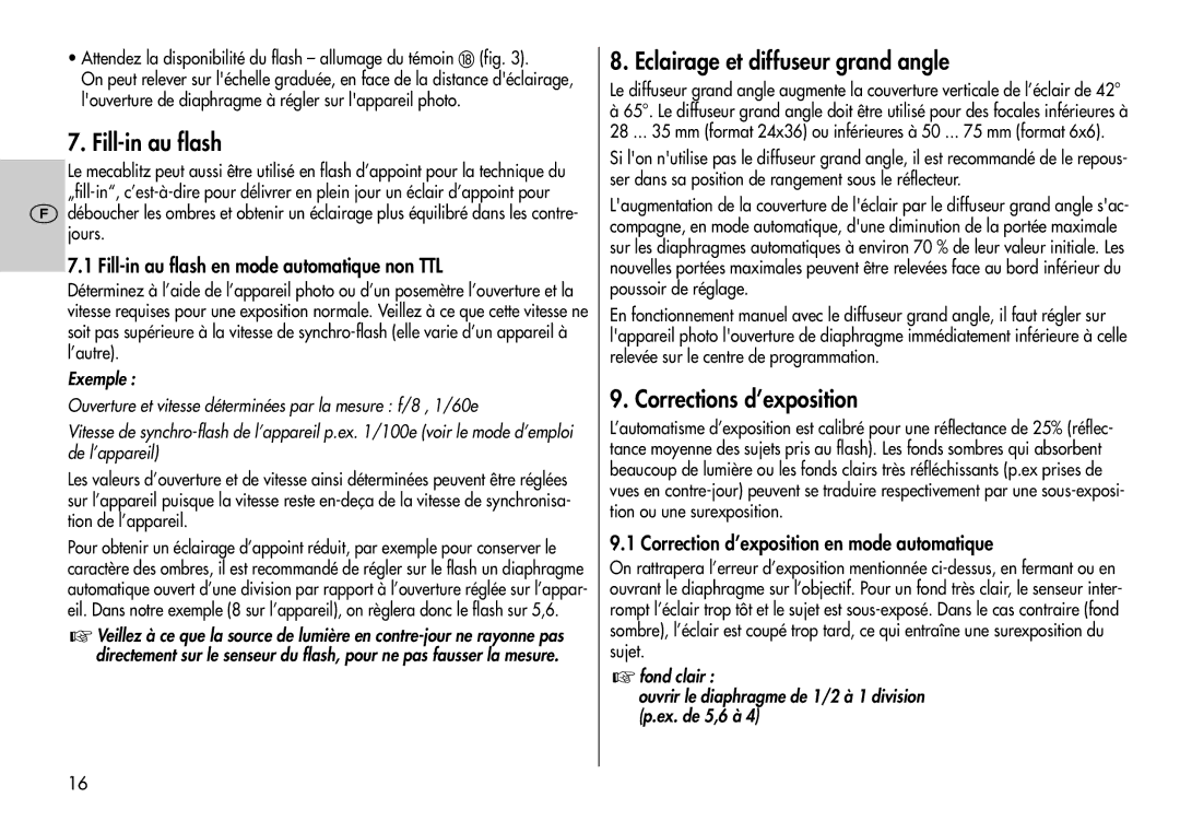 Metz 60 CT-1 instruction manual Fill-in au flash, Eclairage et diffuseur grand angle, Corrections d’exposition 