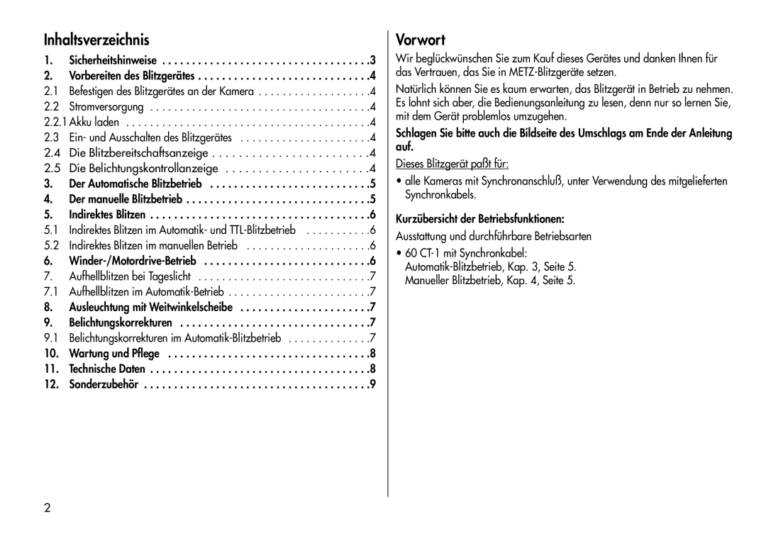 Metz 60 CT-1 Inhaltsverzeichnis, Vorwort, Sicherheitshinweise Vorbereiten des Blitzgerätes, Stromversorgung Akku laden 