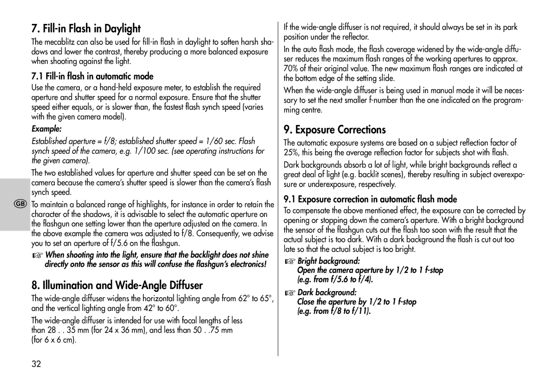 Metz 60 CT-1 instruction manual Fill-in Flash in Daylight, Illumination and Wide-Angle Diffuser, Exposure Corrections 