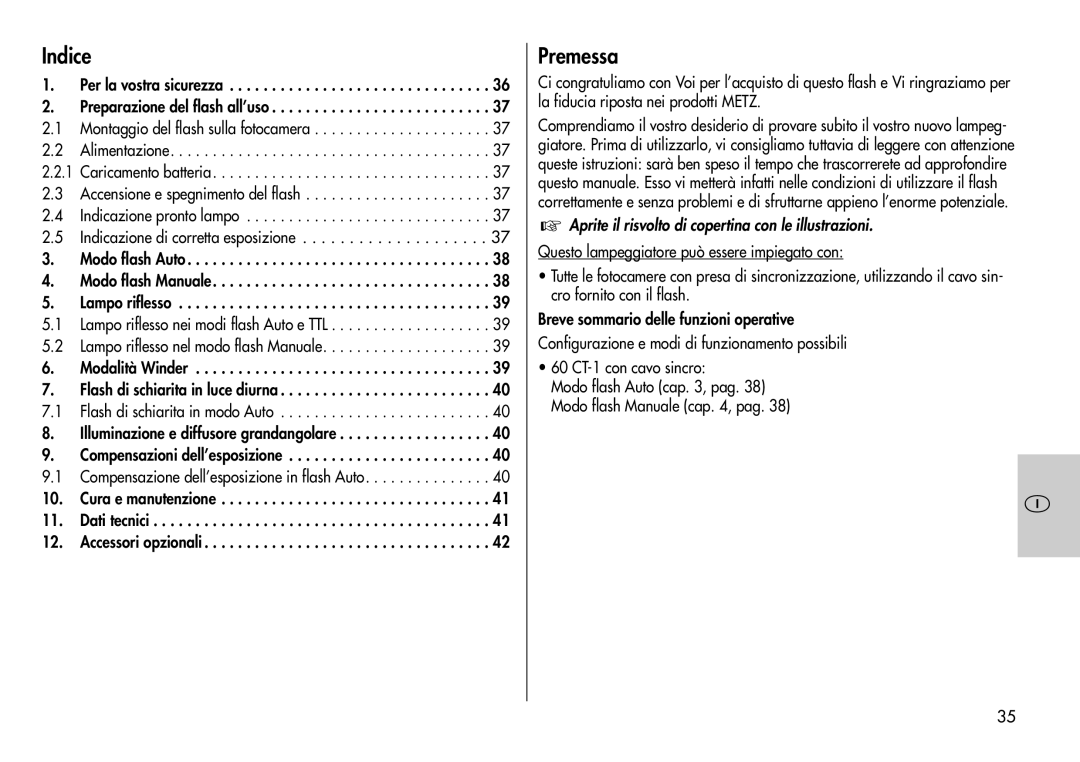 Metz 60 CT-1 instruction manual Indice, Premessa 