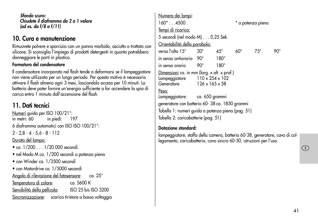 Metz 60 CT-1 instruction manual Cura e manutenzione, Dati tecnici 