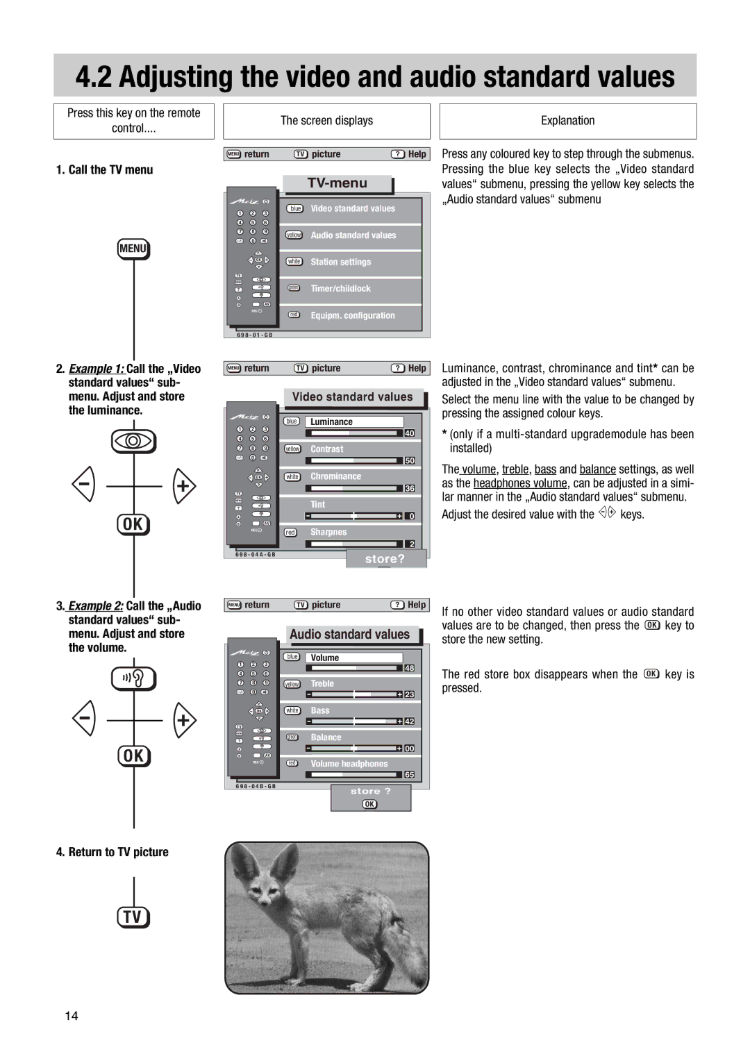 Metz 63 TF 51, 70 TF 53 manual Call the TV menu, Only if a multi-standard upgrademodule has been installed 