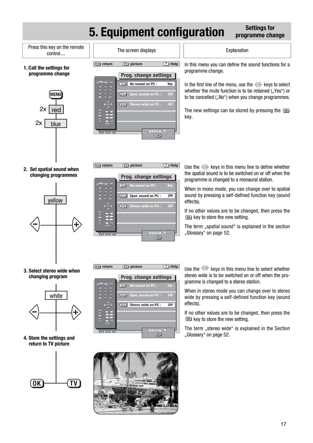 Metz 63 TF 51, 70 TF 53 manual Settings for, Yellow, White, Store the settings Return to TV picture 