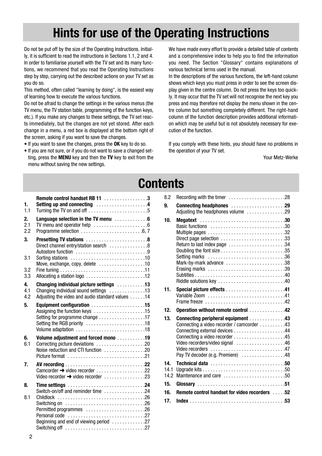 Metz 63 TF 51, 70 TF 53 manual Hints for use of the Operating Instructions, Contents 