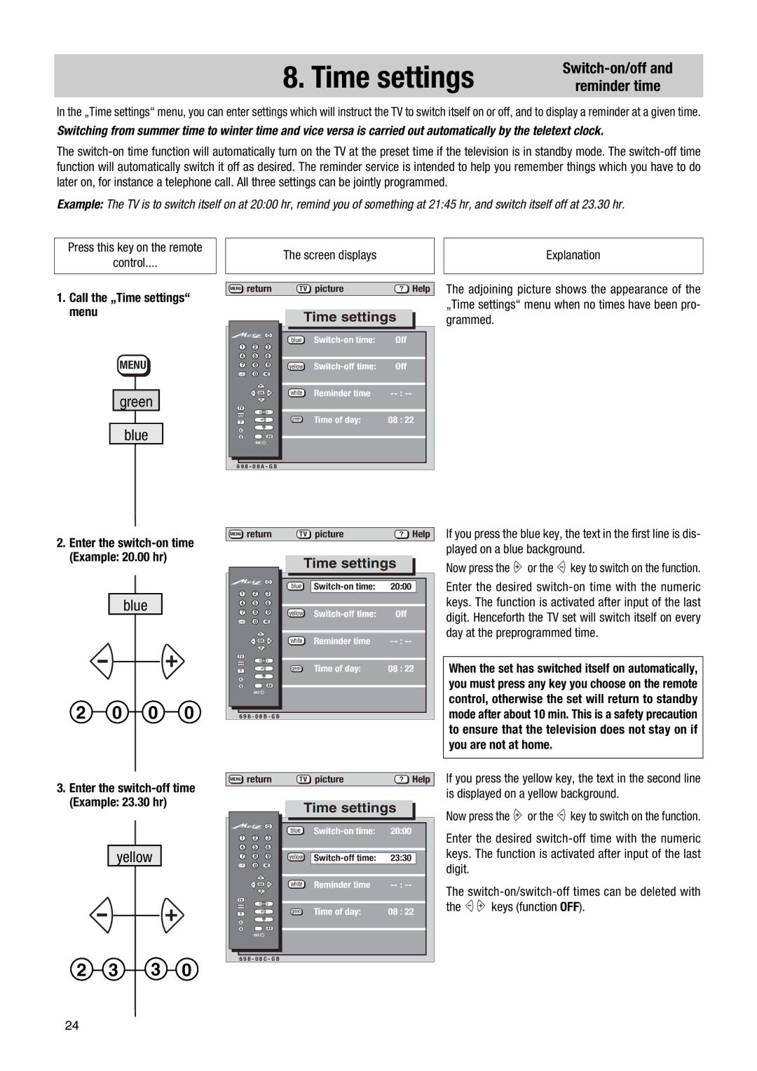 Metz 63 TF 51, 70 TF 53 manual Switch-on/off Reminder time, Call the „Time settings menu 