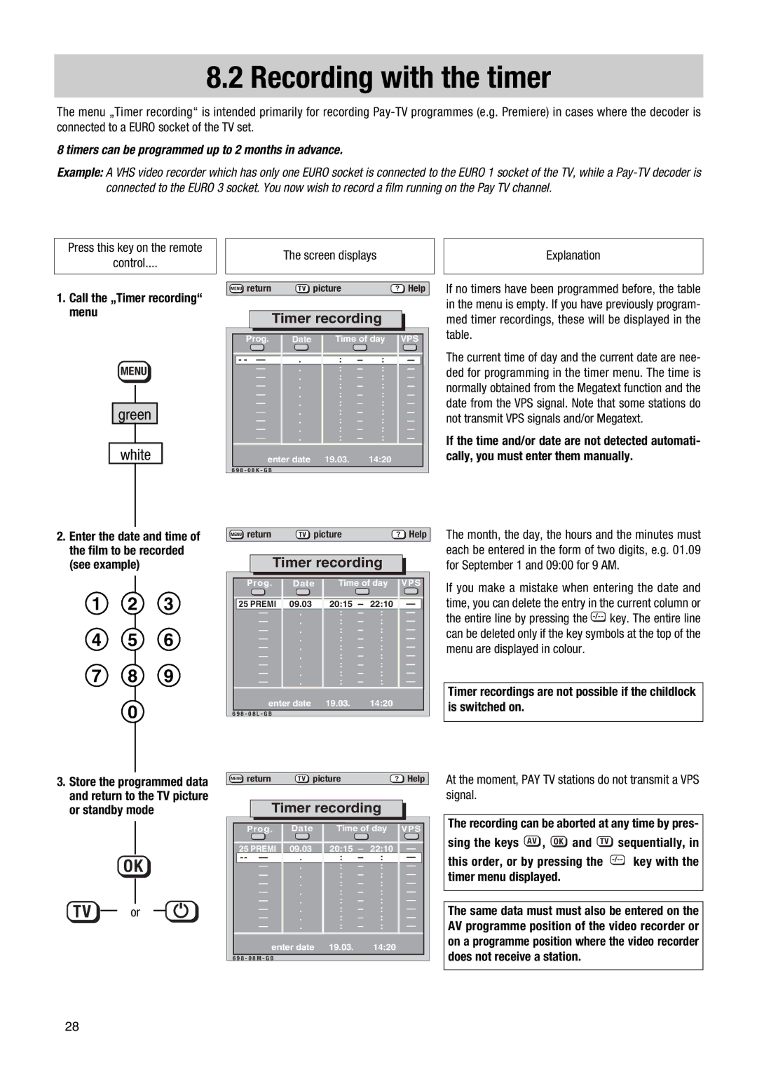 Metz 63 TF 51, 70 TF 53 Recording with the timer, Timer recording, Timers can be programmed up to 2 months in advance 