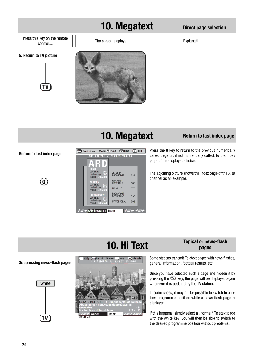 Metz 63 TF 51, 70 TF 53 manual Hi Text, Topical or news-flash, Return to last index, Pages, Suppressing news-flash pages 