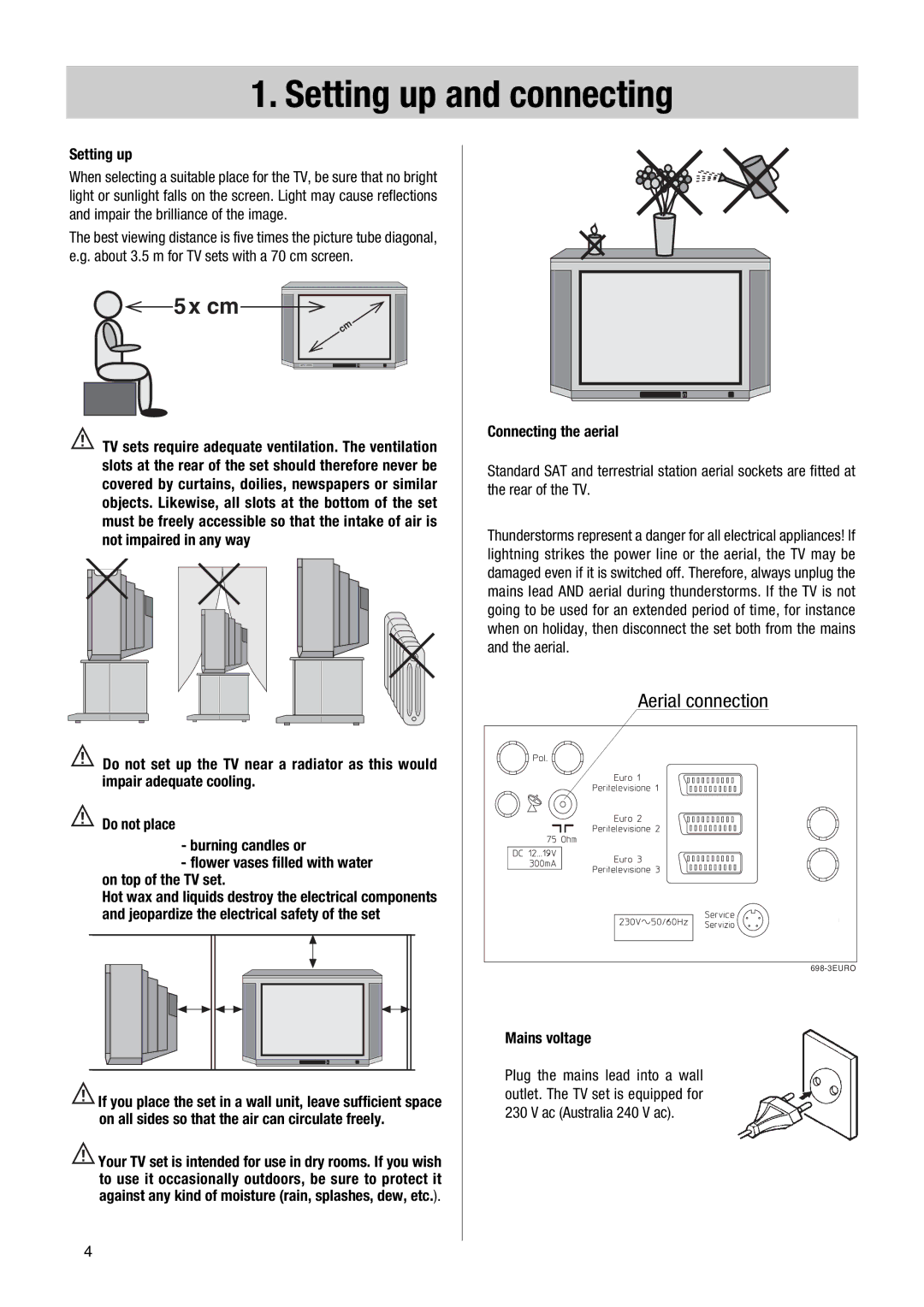 Metz 63 TF 51, 70 TF 53 manual Setting up and connecting, Connecting the aerial, Mains voltage 