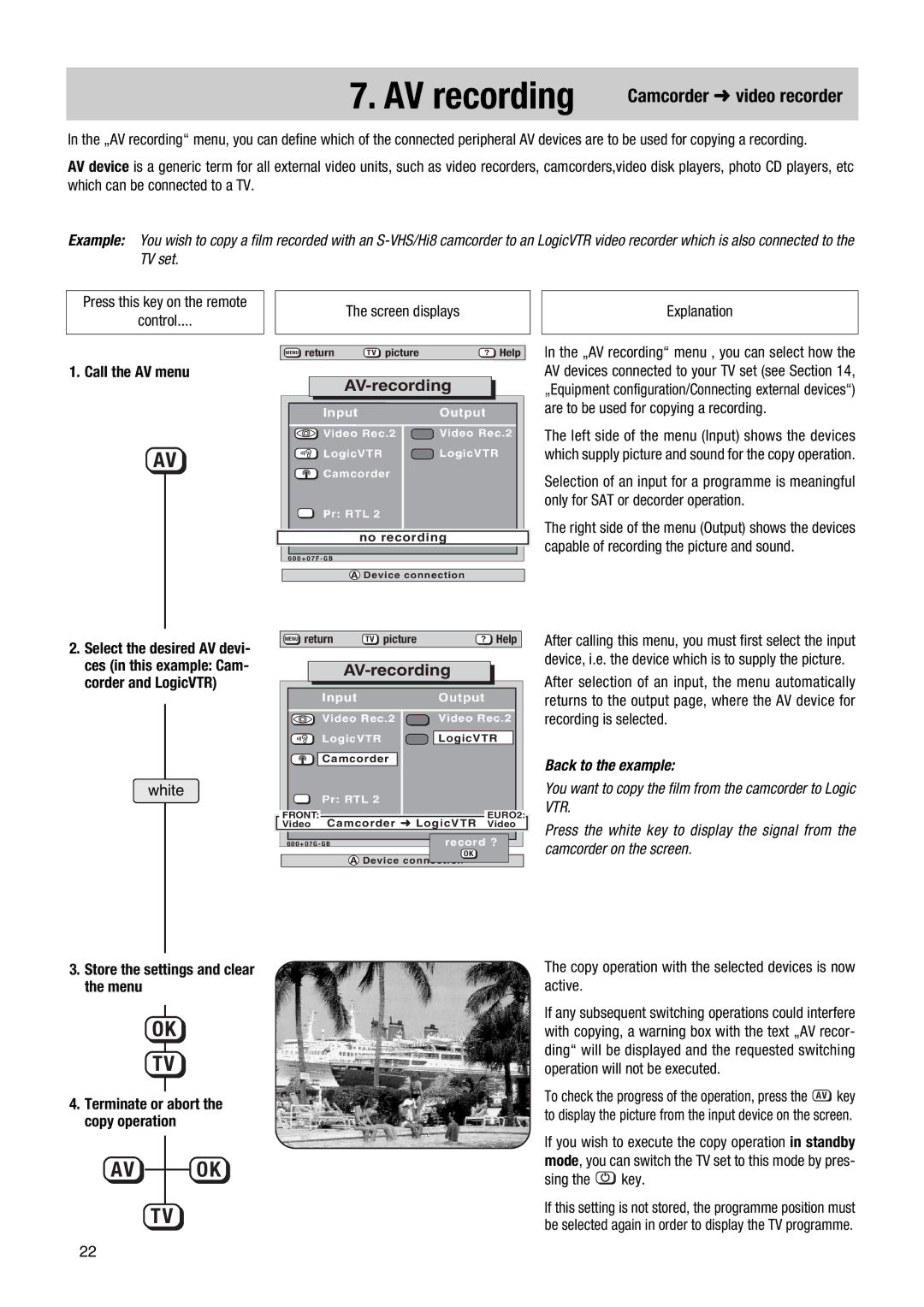 Metz TG 73 - 100 MT, MF 55TG68 AV recording, AV-recording, Camcorder video recorder, Call the AV menu, Back to the example 