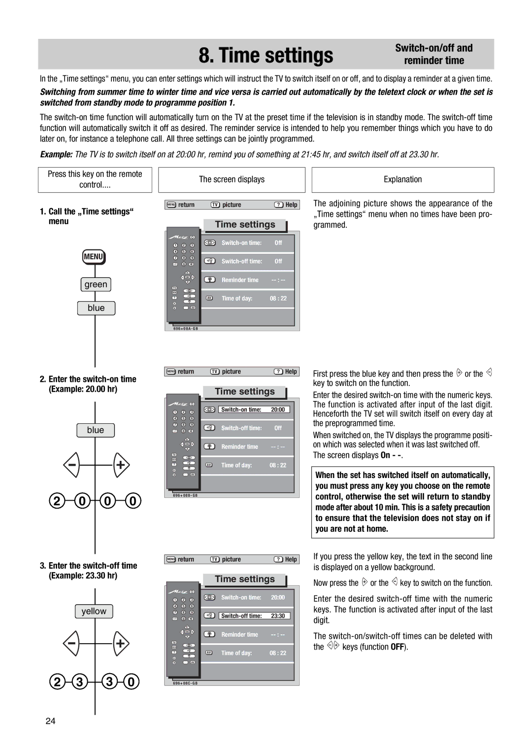 Metz MF 55TG68, Nordkap-S 70 Switch-on/off Reminder time, Call the „Time settings menu, Key to switch on the function 